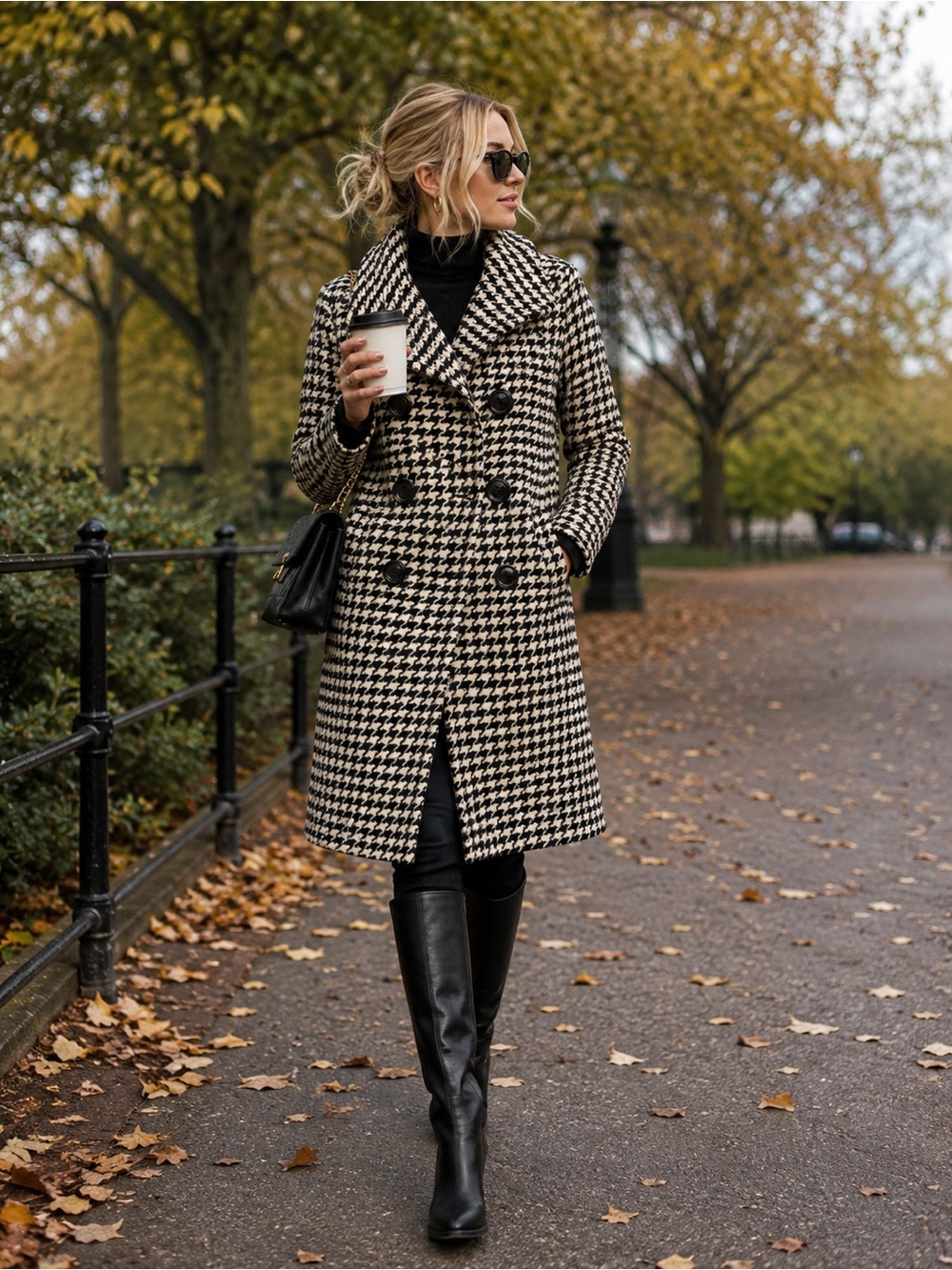 Soia Kyo Black & Cream Houndstooth Wool Women's Coat
